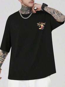 Negroni Cocktail Pattern T-Shirt 100% Cotton Relaxed Fit Comfortable Urban Hip-Hop Style Eye-Catching Print Double-Sided Print - 黑色 - 查看 2