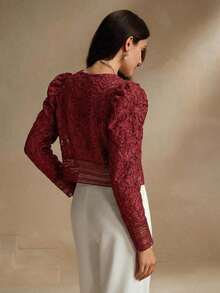 Chaqueta casual de mujer con mangas abullonadas, ribete de encaje floral, cuello redondo, color blanco, adecuada para primavera, vacaciones y tiempo libre - Burdeos - Ver 8