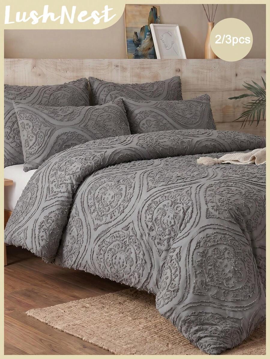 2/3pcs Gray Hollow Design Bedding Set - Includes 1 Duvet Cover And 1/2 Pillowcases (Inner Filling Not Included), Cute Fresh Bohemian Country Style, Lightweight And Breathable, Machine Washable