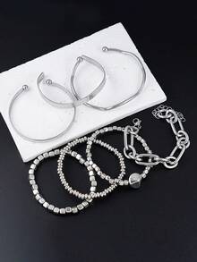 7Pcs Vintage Chunky Silver Multi-Layer Bracelet Set, Edgy Chic Chain With Beaded Heart Detail & Smooth Cuff, Perfect Gift For Women's Fashion Accessories - Silver - View 5