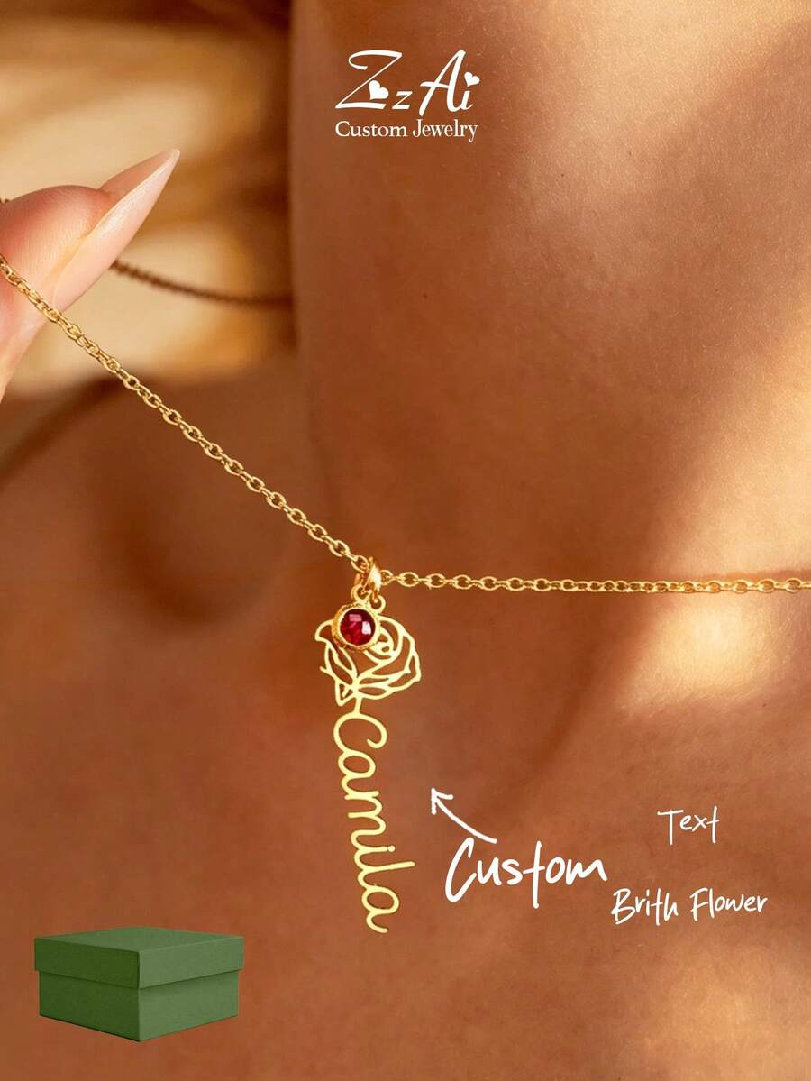 1pc Rose English Name Pendant Customized Text European And American Fashion Women's Stainless Steel Necklace And Earrings Set, Valentine's Day Gift - Birthstone + Rose - View 1
