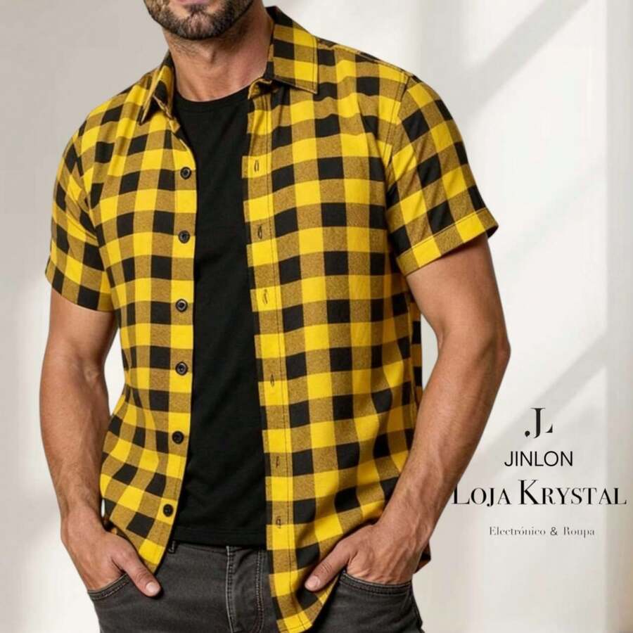 LK Checkered Printed Men's Short-Sleeve Dress Shirt For June Festivals - 黃色 - 查看 1