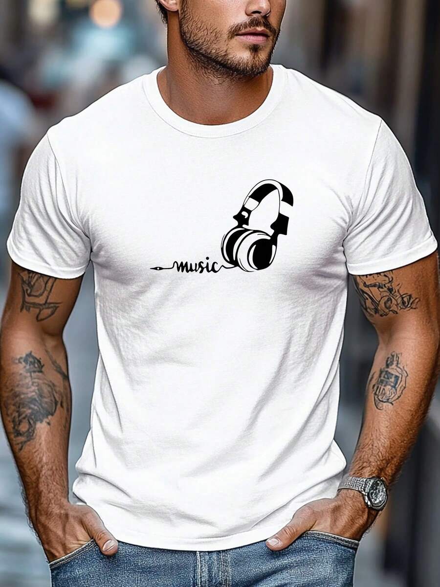 Men's Plus Size T-Shirt, Comfortable And Versatile, Relaxed And Casual, Men's T-Shirt With Headphones And Music Print, Short Sleeve Round Neck Summer T-Shirt. - 白色 - 查看 1
