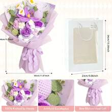 Handmade Purple Crochet Flower Bouquet, Finished Cotton Yarn Roses Tulips With Fern Leaves, Artificial Knitted Flowers Gift For Lover Frien - Purple - View 3