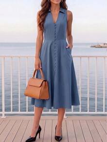 elegante francés de primavera/verano para mujer, moda minimalista, estilo retro, ropa de oficina profesional, vestido ajustado de línea A con escote en V sin mangas, vestido retro marrón de una sola hilera cómodo, con bolsillo lateral y cremallera oculta, vestido midi de verano - Marrón - Ver 7