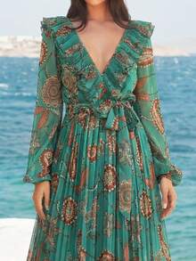 Faeriesty Elegant And Charming Women's Long Chiffon Dress With Zipper Detail And Ruffle V-Neck, Perfect For Parties Wedding Party - Green - View 5