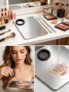 2pcs/Set Large Multifunctional Makeup Palette With Spatula, Minimalist Stainless Steel Oversized Palette, Foundation Mixing Palette, Makeup Mixing Palette, Suitable For Liquid And Cream Cosmetics Mixing, For Daily Makeup Adjustment, Special Occasion Makeup Creation, Multifunctional Makeup Tool, Cosmetic Palette, Nail Art And Makeup Artist Tool, Eyeshadow, Eyelash Makeup, Professional Pigment Mixing, Suitable For Daily Use Or Makeup Artist - Silver - View 4