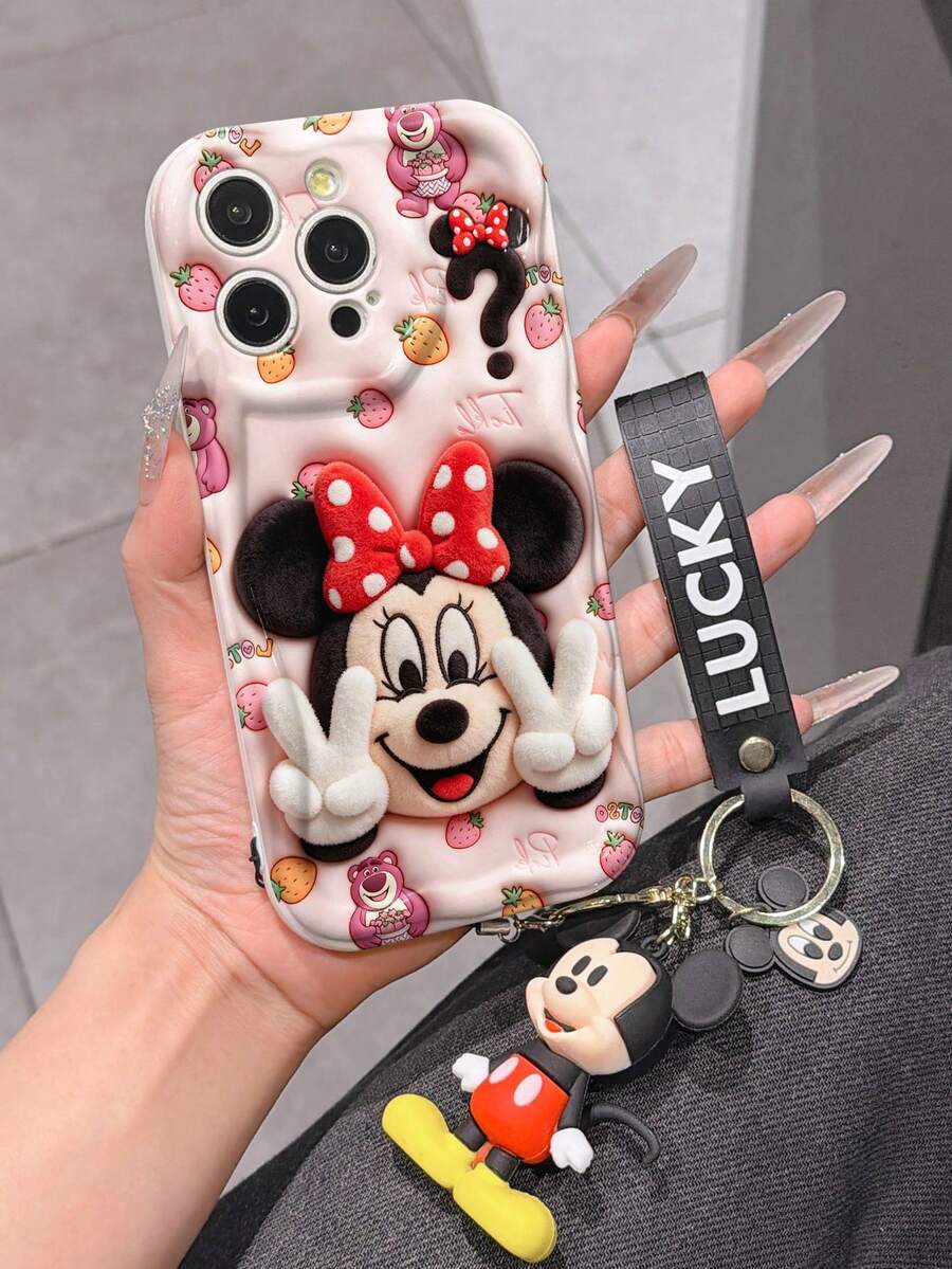 This Disney Mickey Mouse Lanyard Phone Case Is Fully Covered In TPU Material. It's Shockproof, Lightweight, And Compatible With IPhone17/16/11/13/15/15 Plus/15 Pro/15 Pro Max/12/14 Pro Max/11 Pro Max/12 Pro/12 Pro Max/13. This Phone Case Makes A Popular Birthday Gift Or Business Gift; It's Durable, Stain- And Fingerprint Resistant, And Suitable For Both Men And Women. The Set Also Includes A Mickey Mouse Phone Case And A Mickey Mouse Plush Bracelet. It's A Perfect Gift For Friends And Family. This Stylish Phone Case Is Fun, Lightweight, And Durable. IPhone17 Pro Max Phone Case, Minnie Mouse Phone Case. - trắng - Xem 1