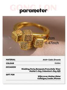 1pc Elegant High-End Gold Plated Sparkling Four-Cube AAA Cubic Zirconia Square Ring Bride Wedding Banquet Daily Wear Decor - Gold - View 3
