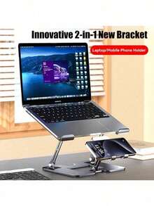 Soporte plegable 2 en 1 para portátil con soporte para teléfono, almohadilla de enfriamiento de acero al carbono ajustable, antideslizante y portátil para trabajo y estudio - Ver 2