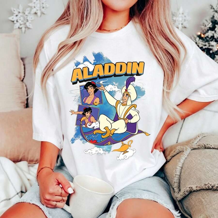 Vintage Disney Aladdin Genie Agrabah 1992 Tee Jasmine Oversized Ultra Loose 100% Cotton For Women, Suitable For Daily Outings Summer Casual Wear - 白色 - 查看 1