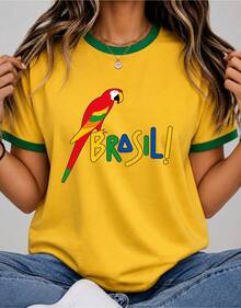 Brazil Tropical Macaw Women's Oversized T-Shirt, Brazil World Cup Shirt, Casual Streetwear T-Shirt, Fashionable Brazilian Style, Beachwear, Summer, 100% Premium Cotton, Unisex - 黃色 - 查看 1