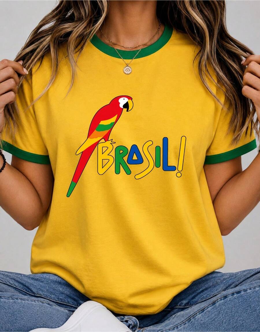 Brazil Tropical Macaw Women's Oversized T-Shirt, Brazil World Cup Shirt, Casual Streetwear T-Shirt, Fashionable Brazilian Style, Beachwear, Summer, 100% Premium Cotton, Unisex - 黃色 - 查看 1