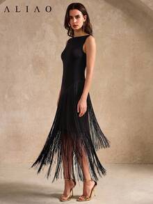 ALIAO Elegant Retro Sleeveless Tassel Maxi Dress For Women, Perfect For Festivals, Celebrations And Beach Parties In Autumn Black Summer - Black - View 1