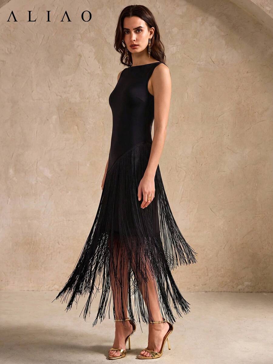 ALIAO Elegant Retro Sleeveless Tassel Maxi Dress For Women, Perfect For Festivals, Celebrations And Beach Parties In Autumn Black Summer - Black - View 1