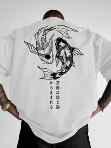 Camiseta de Cuello Redondo Holgada para Hombre con Estampado Geométrico de Peces - Estilo Urbano, Poliéster Ligero, Camiseta Casual de Verano para Adultos, Ropa Informal| Camiseta con Diseño Gráfico Atrevido| Tela Ligera - Blanco - Ver 7