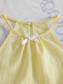 Baby Girls' Solid Color Spaghetti Strap Bowknot Ruffle Hem Top And Straight Leg Pants 2 Pieces Outfit, Suitable For Daily Outings In Spring/Summer - Mustard Yellow - View 5
