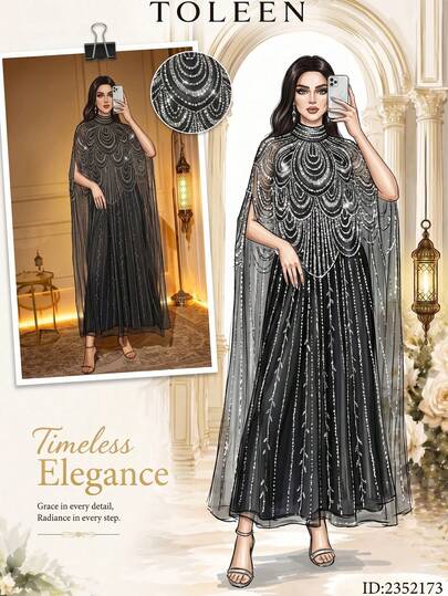 Elegante y digna abaya larga tejida en negro, decorada con lentejuelas y perlas bordadas, cuello alto y mangas tipo murciélago para vacaciones