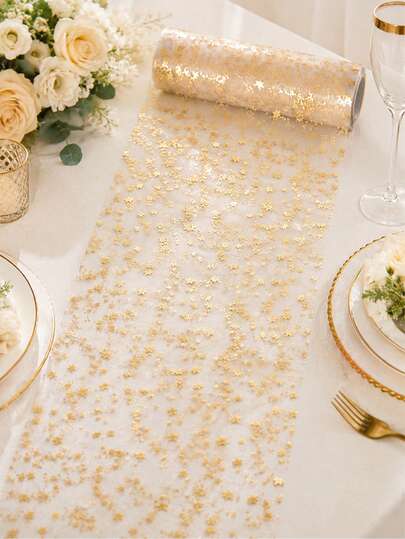 1 Rotolo di Runner da Tavolo in Rete con Stelle Dorate, Runner da Tavolo Trasparente Luccicante in Chiffon con Stelle in Oro Zecchino, 28cm*2,75m, Adatto per Matrimoni, Feste di Compleanno, Eventi Festivi, Decorazione Tavolo di Casa