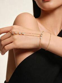 1pc Fashion Elegant Cubic Zirconia Connected Bracelet Minimalist Hand Chain Ring Jewelry For Women, Suitable For Daily, Nightclub Party, Gathering Wear. - Rose Gold - View 2