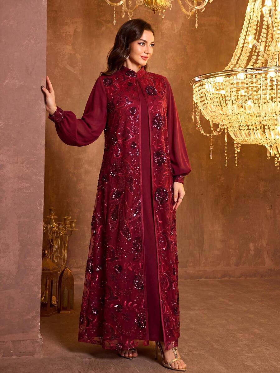 Đầm dạ hội thanh lịch ôm dáng, cổ chữ V, tay thẳng, chất liệu chiffon, dây mảnh dành cho nữ của SUPGIR. - Màu Đỏ Sâu - Xem 1
