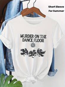 Camiseta de manga corta estampada con el estampado 'La atmósfera misteriosa del asesinato en la pista de baile'. Camiseta de cuello redondo para mujer, moderna, casual, con estampado, suave, transpirable, de color sólido. - Blanco - Ver 3