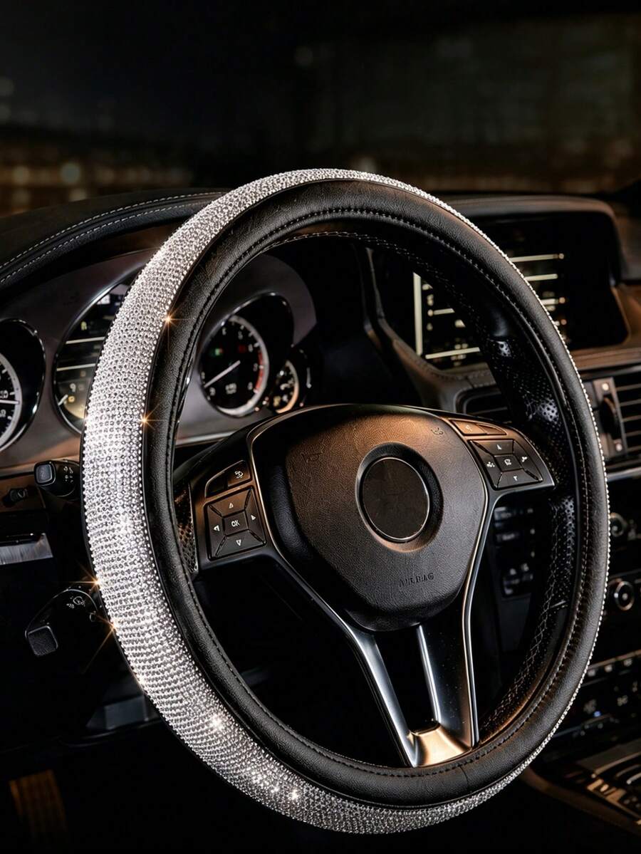 Bling Rhinestone Steering Wheel Cover For Women, Sparkling Crystal Diamond Car Wheel Protector With Non-Slip PU Leather, Universal 14.5-15 Inch Fit For Cars/SUVs, Fashionable & Comfortable Interior Accessory