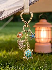 Gold Ocean Theme Keychain, Decorated With Turtle, Crab, Starfish And Pearl Charms, Heart-Shaped Lobster Clasp Bag Charm, Sparkling Rhinestone And Enamel Accents - Multicolor - View 5
