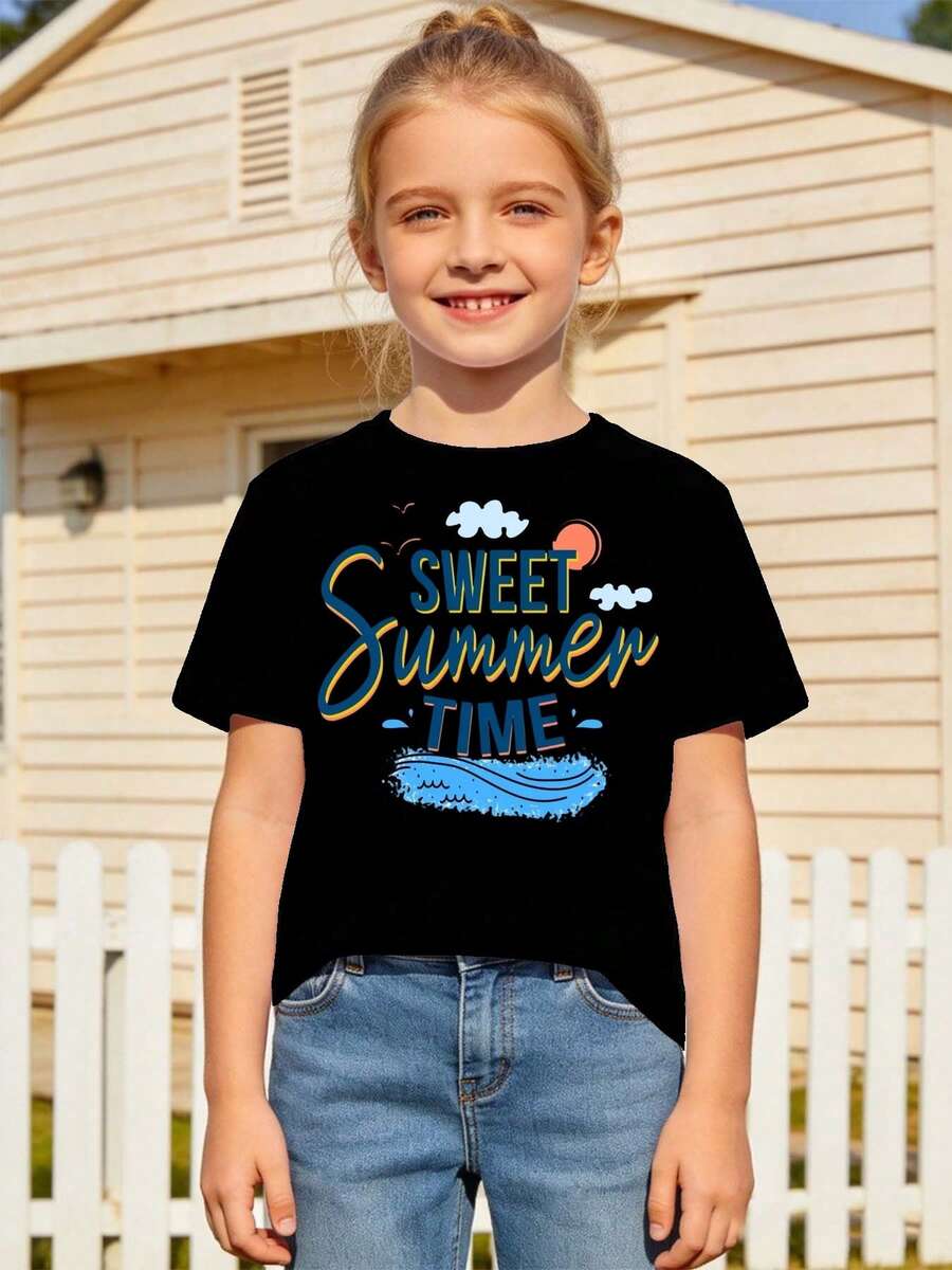 Summer T-Shirt For Girls, Casual Summer Wear, Black And White T-Shirt For Kids, 100% Cotton, Round Neck For Girls, Summer T-Shirt For Girls, Floral Shirt For Girls, Family Vacation Photos, Family Holiday Outfit, Summer Camp Essentials, Fun And Unique Design, Casual Short-Sleeve T-Shirt With Round Neck, Loose Silhouette. Lightweight Short-Sleeve Design; Matching Style For Parents And Children. - 黑色 - 查看 1