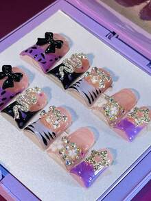 Bow Duck Tip Press On Nails, Handmade Purple Zebra Nails, Crystal Snake, Teddy Charms, Black Bows, Punk Cute Style Summer - 紫羅蘭色 - 查看 1