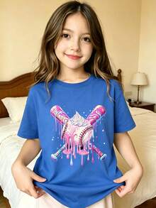 Ice Cream Drip Art Baseball Bat Shaped T-Shirt For Girls - Blue - View 7