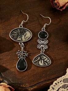 1 Pair Retro Creative Asymmetric Coral Black Gemstone Pendant Earrings - Antique Silver - View 5