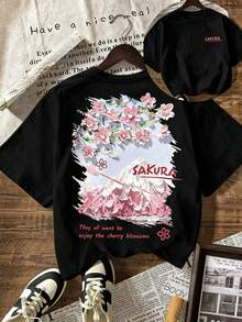 Camiseta con Estampado de Flor de Cerezo Sakura, Estilo Japonés de Verano para Mujer, Vacaciones y Playa, Camiseta Casual de Manga Corta con Cuello Redondo para Mujer de Talla Grande, Blanca - Negro - Ver 1