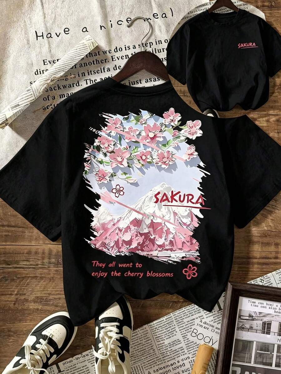 Camiseta con Estampado de Flor de Cerezo Sakura, Estilo Japonés de Verano para Mujer, Vacaciones y Playa, Camiseta Casual de Manga Corta con Cuello Redondo para Mujer de Talla Grande, Blanca - Negro - Ver 1