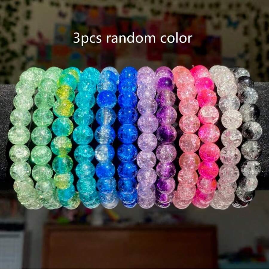 3pcs 8mm Colorful Glass Dual-Tone Crackle Bead Handmade Beaded Women's Friendship Bracelet Set - Random Color 3 Strips - View 1