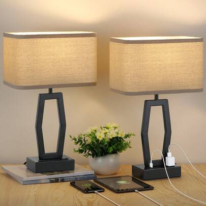 Bedside Lamps With USB Ports And AC Outlet, Touch Control Table Lamp For Bedroom 3-Way Dimmable Nightstand Lamps Set Of 2 With Rectangular Fabric Cream Shade For Living Room Dorm Office, LED Bulbs Included