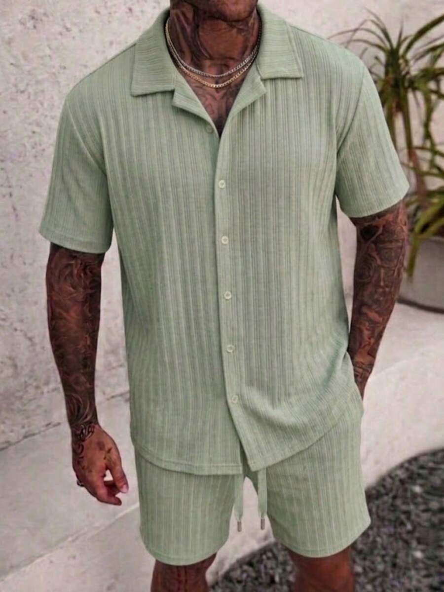 Men's Casual Ribbed Short-Sleeve Button-Down & Shorts Resort Set