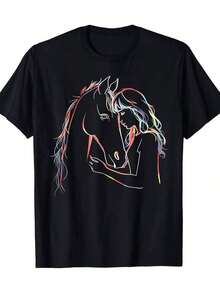 Camiseta con Estampado de Caballo y Jinete Inspirada en la Equitación, 100% Algodón, Cuello Redondo, Tejido de Punto Casual para Todas las Temporadas con Elasticidad Media - Negro - Ver 7