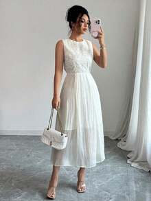 MEXChiquease Vestido de verano elegante sin mangas con panel de malla de unicolor para mujeresMEX BCVO - Albaricoque - Ver 1