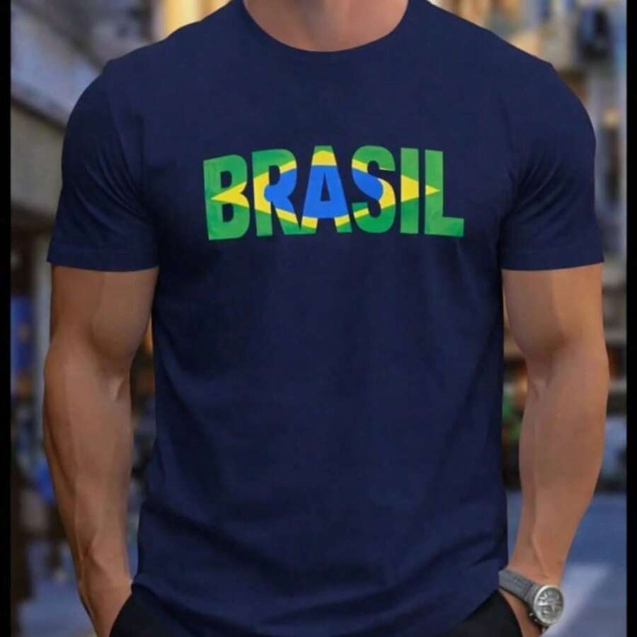 Unisex T-Shirt With Brazilian National Team Flag Print, World Cup Shirt, Cotton Fabric. Enjoy! - 藏蓝色 - 查看 1