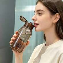 1pc Brown Transparent Scale Water Bottle, Plastic Drinking Cup With Handle Lid, Portable Leak-Proof Water Bottle, Suitable For Back To School, Fitness And Outdoor Activities - Multicolor - View 4