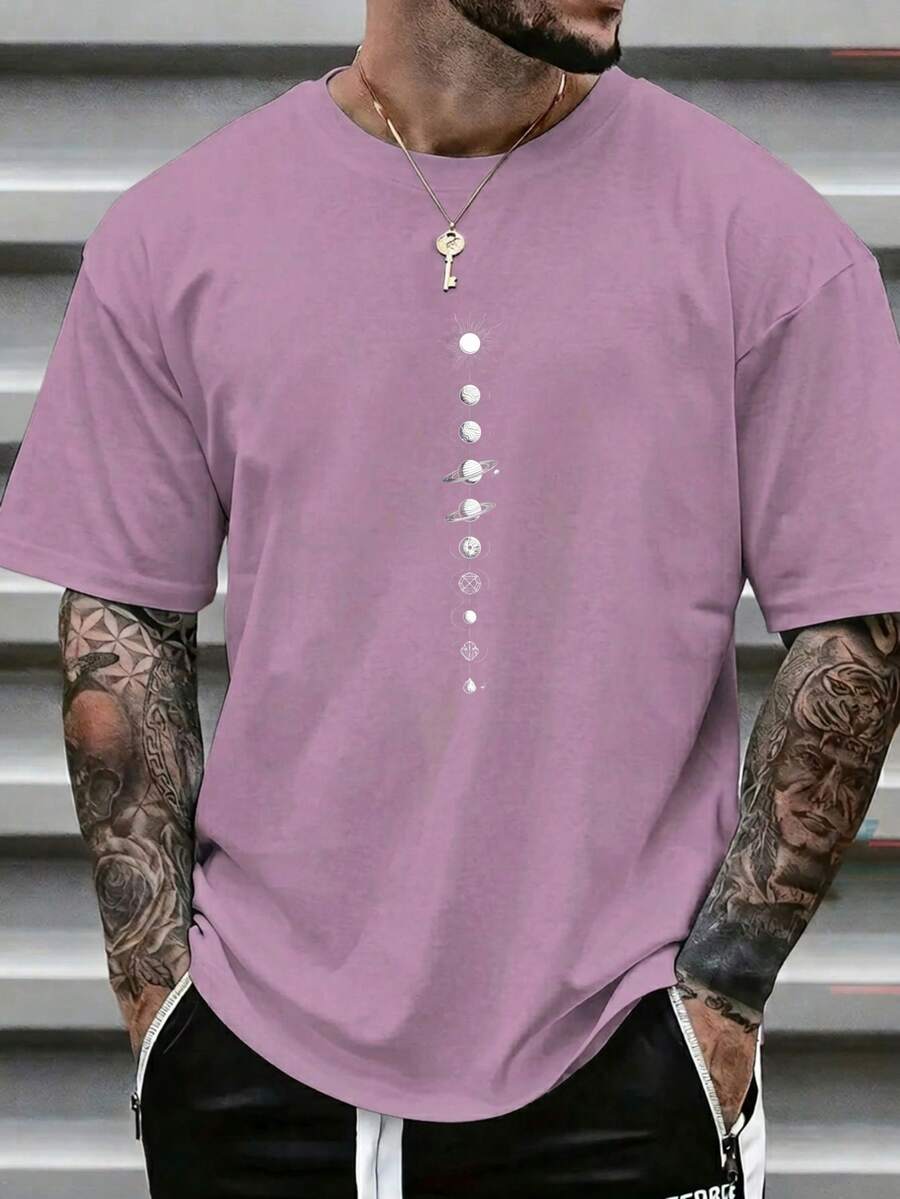 Men's Plus-Size T-Shirt, Urban Style Print, Sun, Moon And Planet Symbols, Chain, Bright Print, Suitable For Everyday Wear And Vacations. | Men's Summer T-Shirts - Pink - View 1