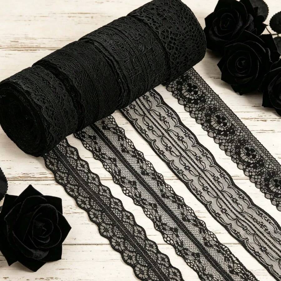 6 Rolls Black Lace Ribbon Set 10M Floral Embroidery Lace Trim For Sewing DIY Craft Gothic Lingerie Dress Decoration Gift Wrapping Fabric Accessories - A-black - View 1
