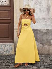 Eden Vestido estampado con estilo bohemio para mujer con corbata en el cuello, abertura en la cintura y decoración con cuentas, adecuado para vacaciones - Amarillo claro - Ver 6