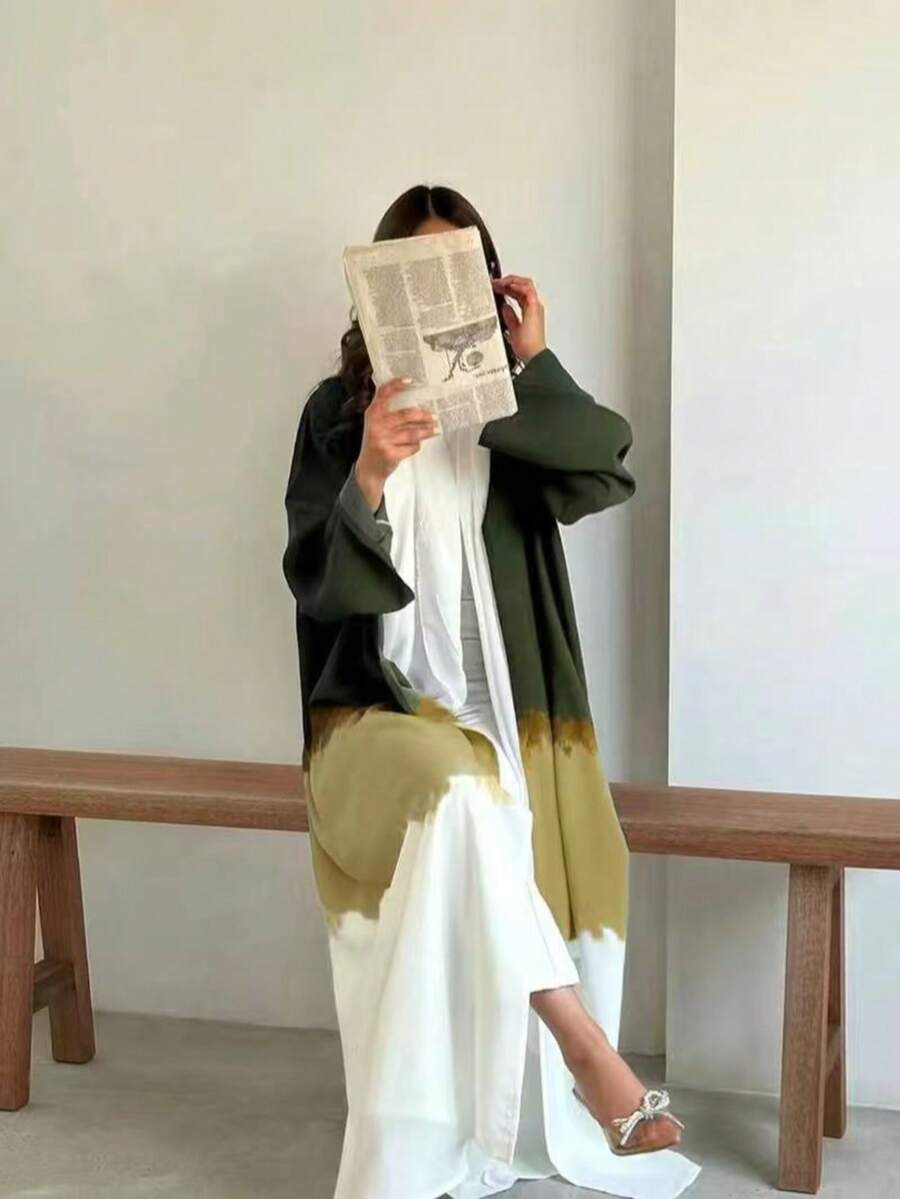 新款女士中东穆斯林长袍,时尚扎染印花阿巴雅开衫连衣裙,春夏款 - 軍綠色 - 查看 1