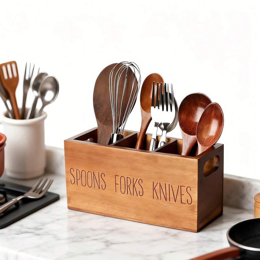 1pc Wooden Cutlery Storage Box, Silver Cutlery Organizer Basket, Tabletop Knife Fork Spoon Rack, 3-Compartment Kitchen Utensil Holder, Suitable For Cabinet, Indoor Home, Dining Room - Multicolor - View 1