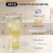 20oz Reusable Ribbed Glass Tumbler Set – 2 Pack Leakproof Glass Cups With Bamboo Lids,Thickened Glass– Aesthetic Iced Coffee Glasses For Home, Office, Travel, And Gifts (4, Transparent) - 透明條紋 - 查看 2
