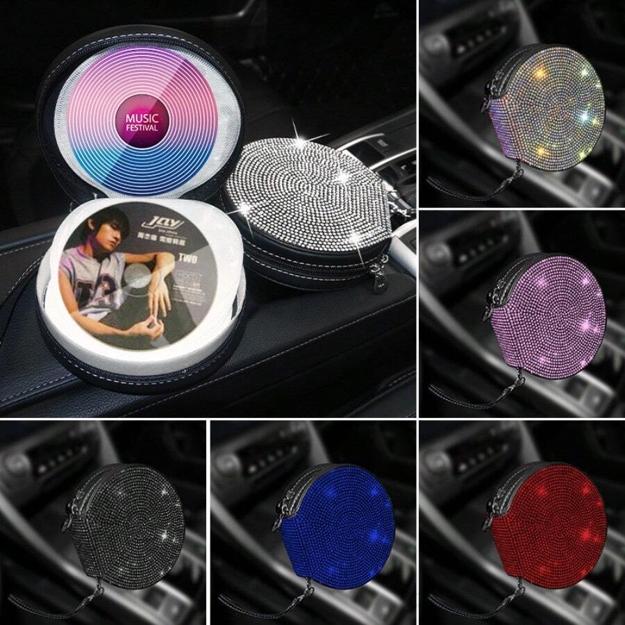 Full Rhinestone Car CD Bag, Luxury Vehicle Disc Storage Pouch, Auto CD Holder Disc Organizer Case - View 1