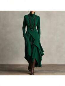 Vestido verde de mujer de manga larga y corte en A con bajo asimétrico con volantes, ideal para fiestas y ocasiones de otoño. - Verde - Ver 2