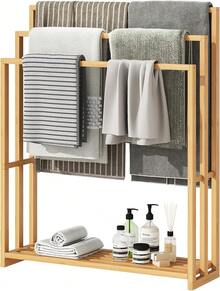 Freestanding Bamboo Towel Rack 3 Tier Blanket Drying Stand Holder Organizer With Bottom Storage Shelf For Bathroom Bedroom Living Room Natural Wood - Tự nhiên - Xem 1
